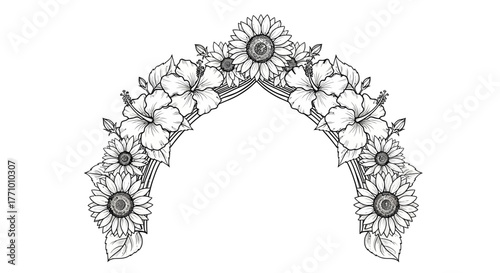 Elegant Floral Archway Illustration with Hibiscus and Sunflowers Design