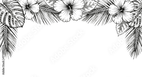 Elegant floral frame featuring tropical hibiscus flowers and palm leaves
