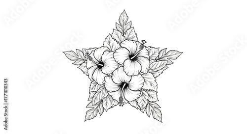 Elegant floral star design with hibiscus flowers and leaves arrangement