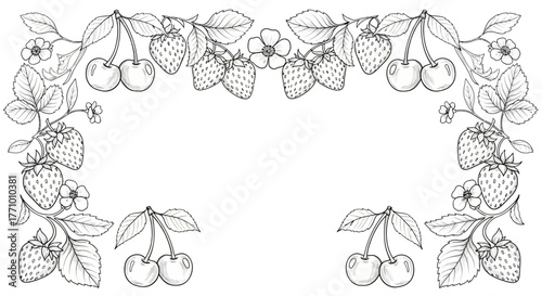 Elegant frame with strawberries, cherries, foliage, blossoms illustration