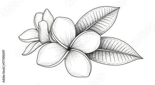 Elegant frangipani flower with delicately veined leaves illustration