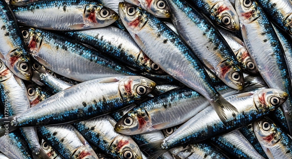 Fototapeta premium Pile of Fresh Sardines - A Glimpse into Marine Abundance.