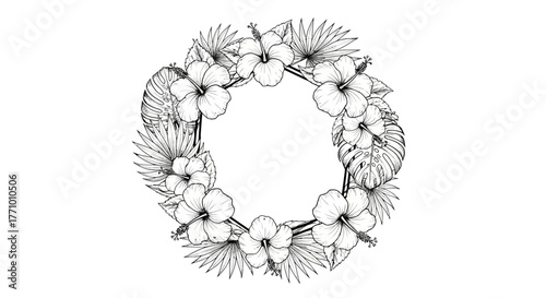 Elegant Hibiscus and Tropical Leaves Wreath Illustration for Invitations