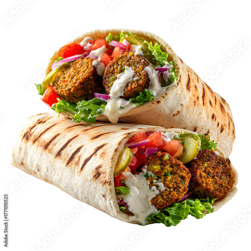 Delicious falafel wraps overflowing with fresh ingredients and creamy tahini sauce perfect for a quick, healthy, and satisfying meal. transparent background