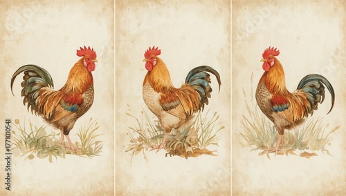Farm-style watercolor painting of roosters with soft reds, yellows, and browns, over lightly stained parchment — rustic and charming naturalist farmhouse aesthetic.