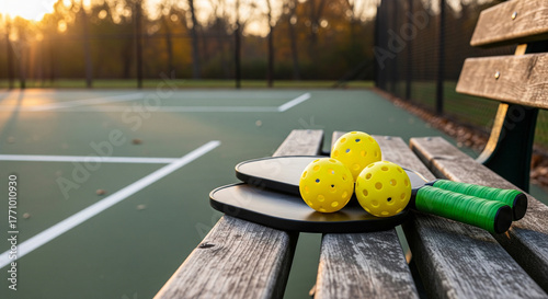 Pickleball paddles and balls on a bench near a court