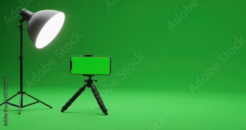 Professional lighting setup illuminates a smartphone on a tripod against a vibrant green screen background.