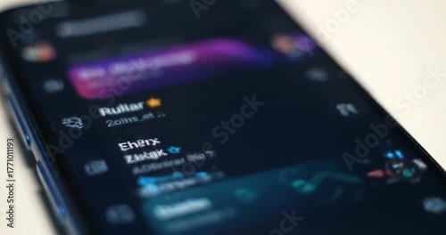 Smartphone screen displaying a dark-themed messaging application with glowing blue and purple elements.