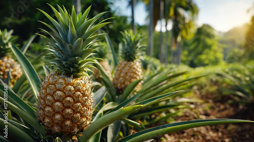 Close-up Tropical Pineapple with Green Leaves and Outdoor Farming Plantation. Ai Generated Images