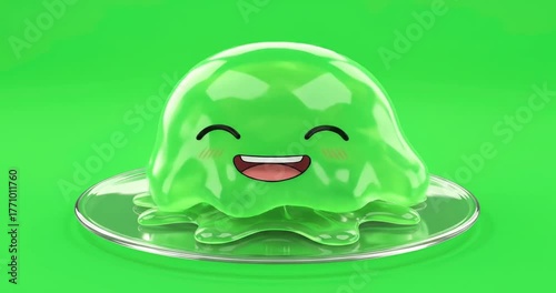 Cheerful, smiling green jelly monster with a cute kawaii face sitting on a clear glass plate against a vibrant green background.