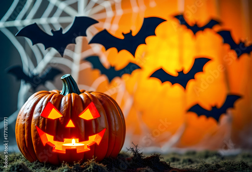 A carved glowing pumpkin against a backdrop of cobwebs and bats. Halloween atmosphere.

