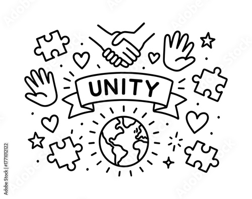 Unity and diversity: handshake and world symbol with puzzle and heart elements