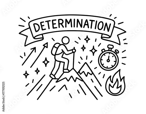 Outline drawing of a determined hiker climbing a mountain with motivational elements