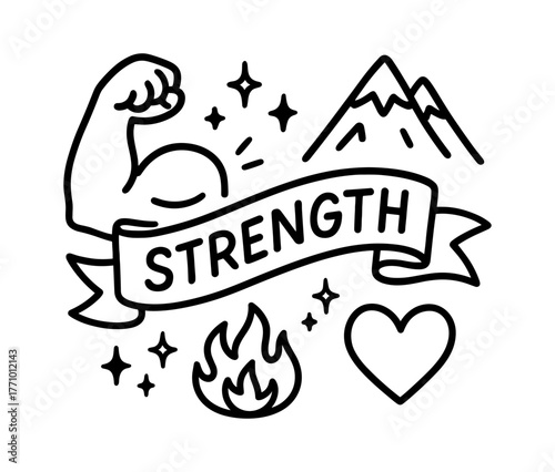 Bold strength theme with flexing arm and motivational elements in linear art style