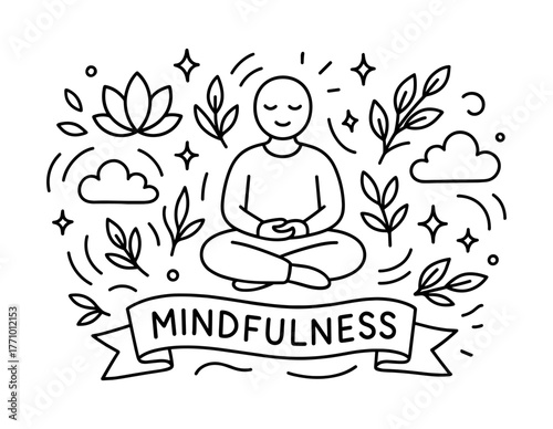 Mindfulness practice in black and white doodle with nature elements and meditation theme
