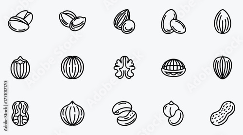 Assortment of Nut Icons in Black Outline for Healthy Snack
