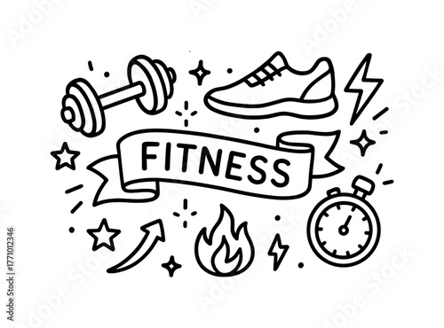 Black and white fitness doodle with sneakers, dumbbell, stopwatch, and banner