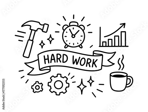 Hard work icons: linear style tools and motivation symbols for productivity and growth