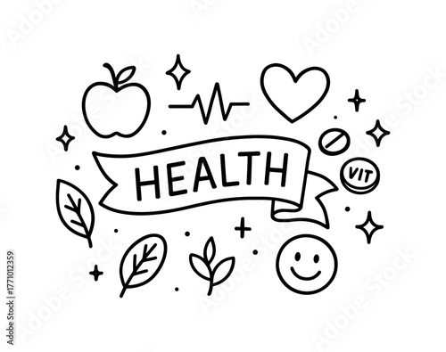 Linear health concept banner with iconic symbols and wellness elements