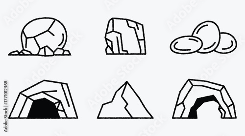 Rock and cave line art vector illustrations set in minimalist style