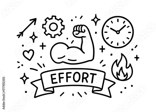 Motivation doodle with flexing arm and inspirational elements