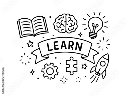 Educational icons: inspirational learning concepts in linear black and white design