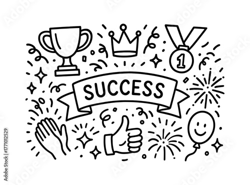 Celebration icons: trophy, crown, medal, and success banner in linear style