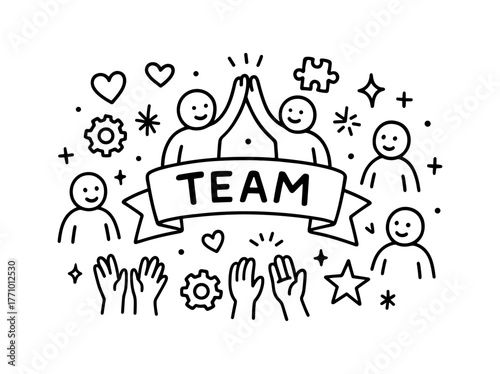 Teamwork success: hand-drawn doodle with happy people celebrating collaboration and unity