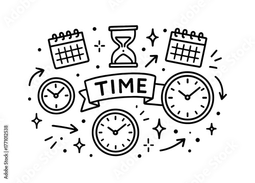 Time management icons in linear style with clocks and calendars