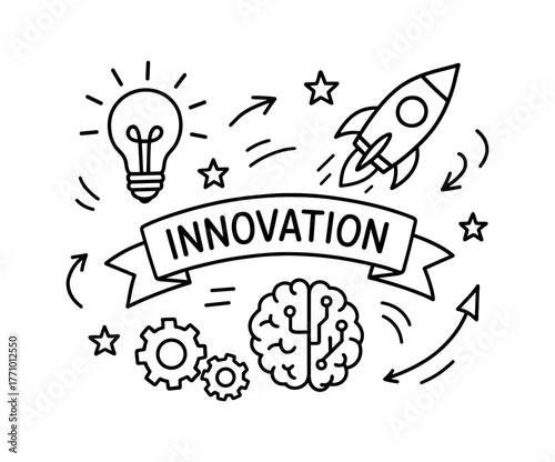 Creative innovation concept with rocket, brain, and light bulb in linear style