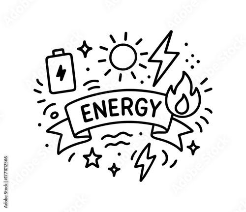 Doodle style energy symbols with sun, battery, and fire elements in black and white