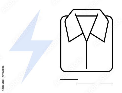 Line art of a neatly folded shirt next to a lightning bolt. Ideal for fashion, dry cleaning, laundry services, energy efficiency, garment care, speed, and innovation concepts. Simple flat metaphor