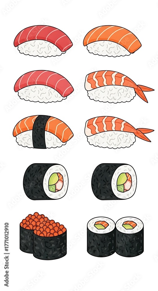 Naklejka premium Delicious Assortment of Fresh Sushi and Maki Rolls on White Background.