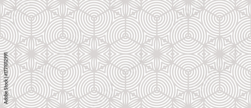 Vector floral geometric seamless pattern. Abstract minimal texture with hexagonal grid, curved lines, circles, flower silhouettes. Gray and white geo background. Repeated design for decor, wallpaper