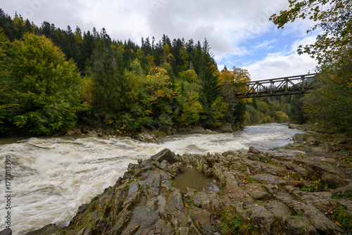 Mizunski waterfalls in the Carpathian Mountains, Ivano-Frankivsk region, Ukraine. Stormy rapids on the Mizunka River. Autumn landscape: mountain river and forest.