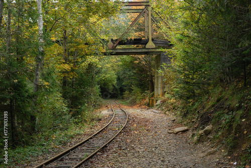 Narrow-gauge railway near the Mizunsky waterfalls on the Mizunka River. An old railway, a tourist route through a picturesque area. Autumn landscape.