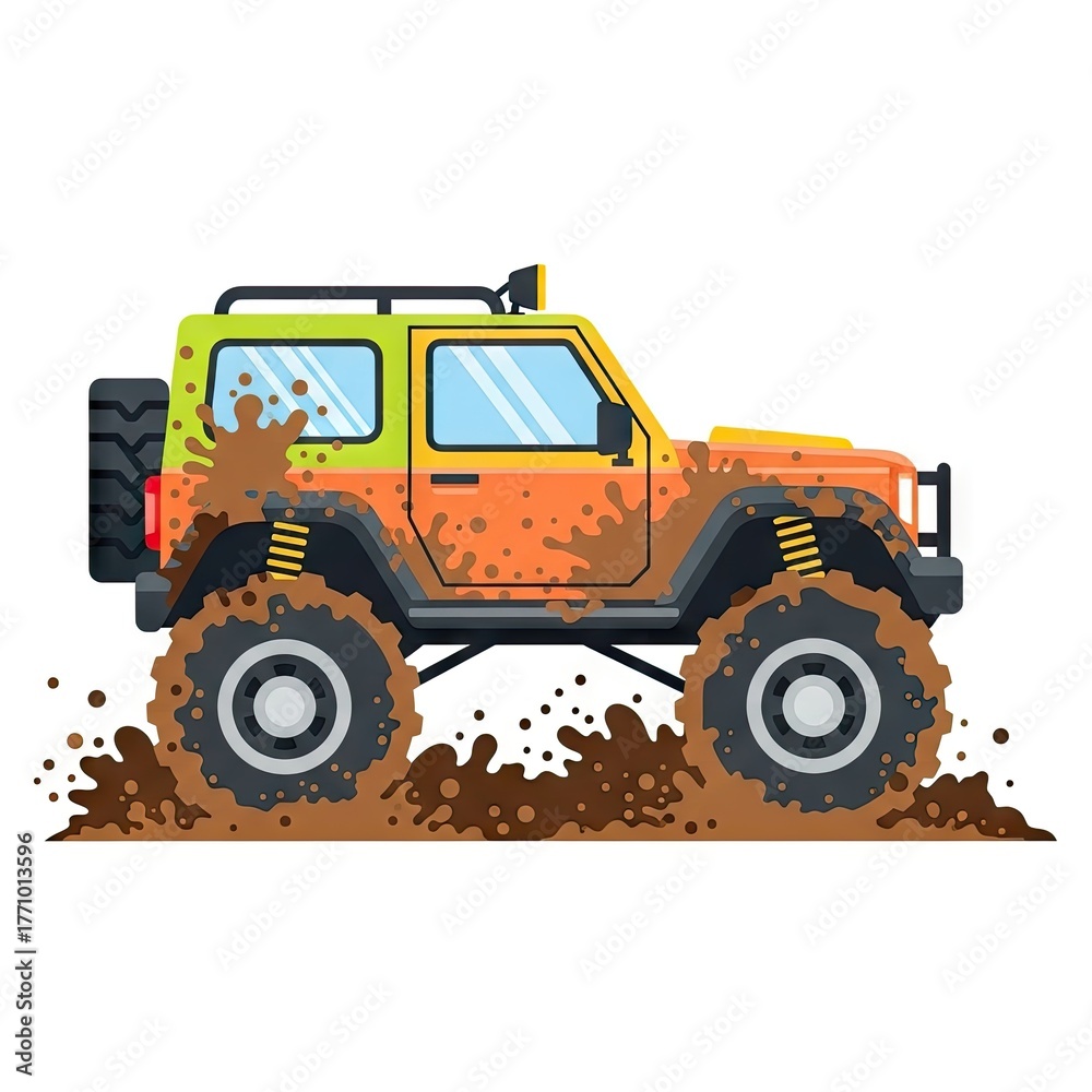 Naklejka premium Pixelated Off Road Vehicle Splashing Through Muddy Terrain on White Background
