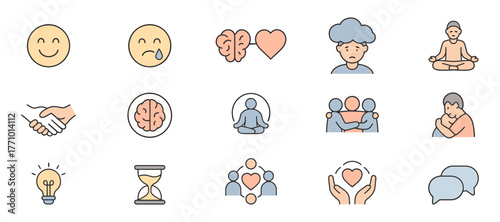 Mental Health and Emotional Wellbeing Icons – Mindfulness, Support and Self Care Illustration