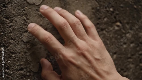 Close up hand touching rough wall grounding moment. tactile contact textured surface calming instance finger brick feeling connection.