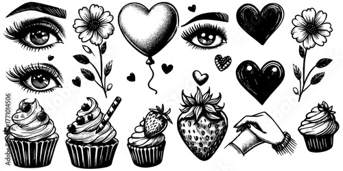 Sweet Symbols: A Sketch of Emotion, A black-and-white illustration blending eyes, hearts, flowers, and sweets in a romantic, whimsical style