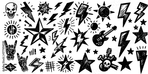 Amped Icons: Symbols of Sonic Rebellion, A bold black-and-white illustration featuring guitars, skulls, lightning bolts, and rebellious hand gestures