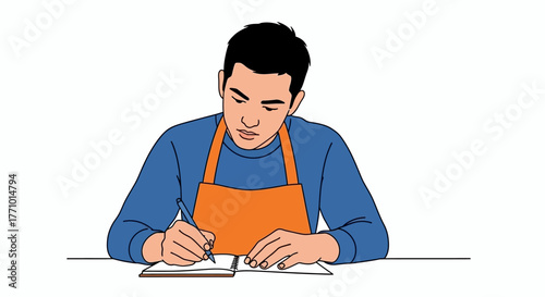 Illustration of a man writing on a notepad while wearing an apron.