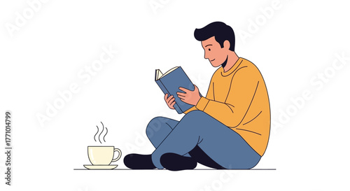 Illustration of a man reading a book with a cup of coffee.