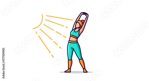 Woman stretching in the sun, wearing sportswear, cartoon illustration.