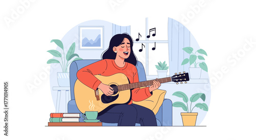 Woman playing guitar and singing at home, surrounded by plants.