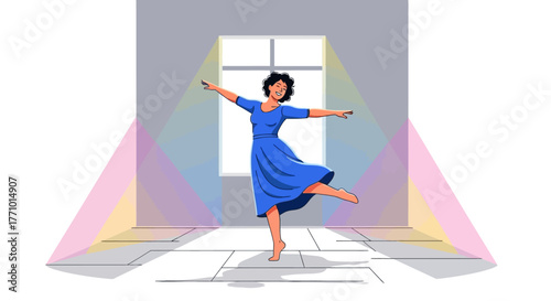 Woman dancing in a room with light streaming through a window.