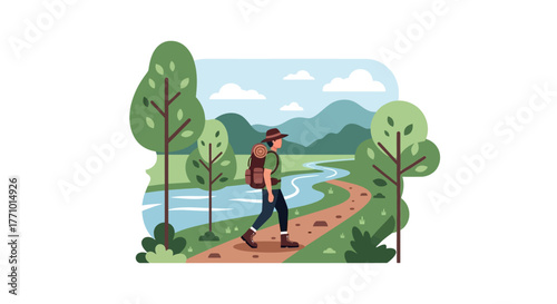 Illustration of a hiker walking on a trail near a river with mountains in the background.