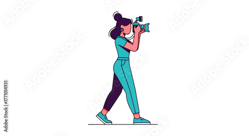 Illustration of a woman filming with a camera, wearing a teal jumpsuit.