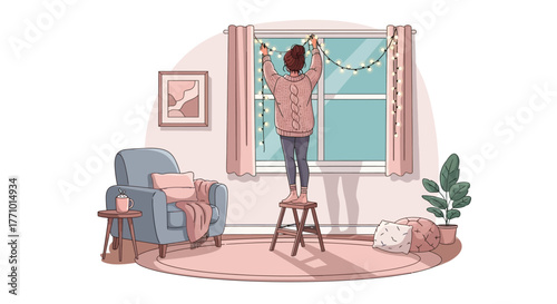 Illustration of a person decorating a window with string lights in a cozy room.