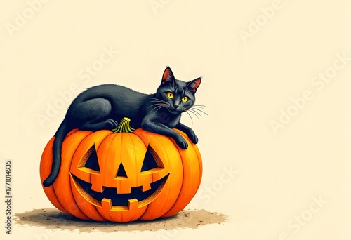 A black mystical cat lies on a carved Halloween pumpkin.